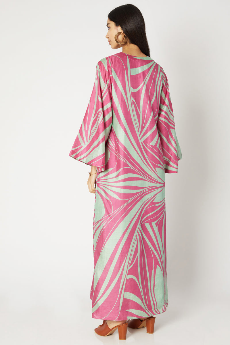 Hand Screen-Printed Long Dress With Flared Sleeves