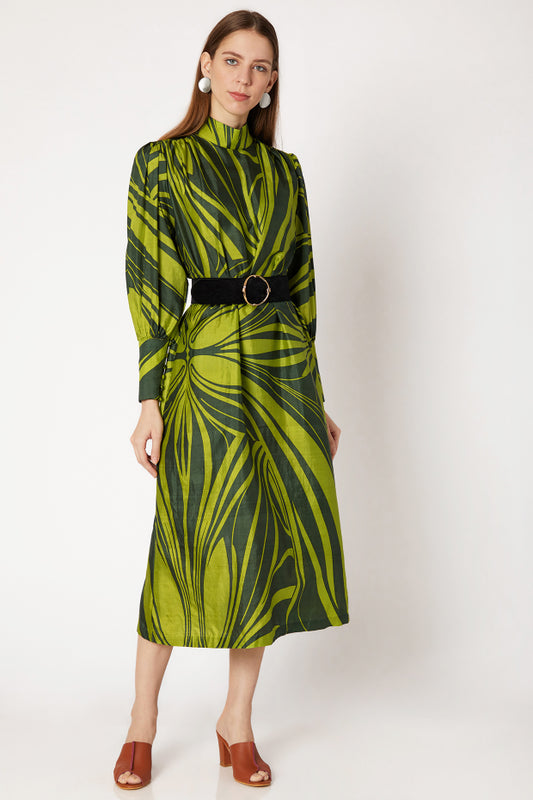 Hand-Screen Printed High Collared Midi Dress