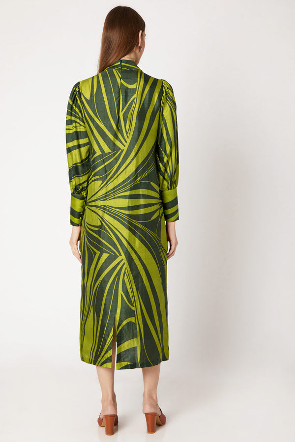 Hand-Screen Printed High Collared Midi Dress