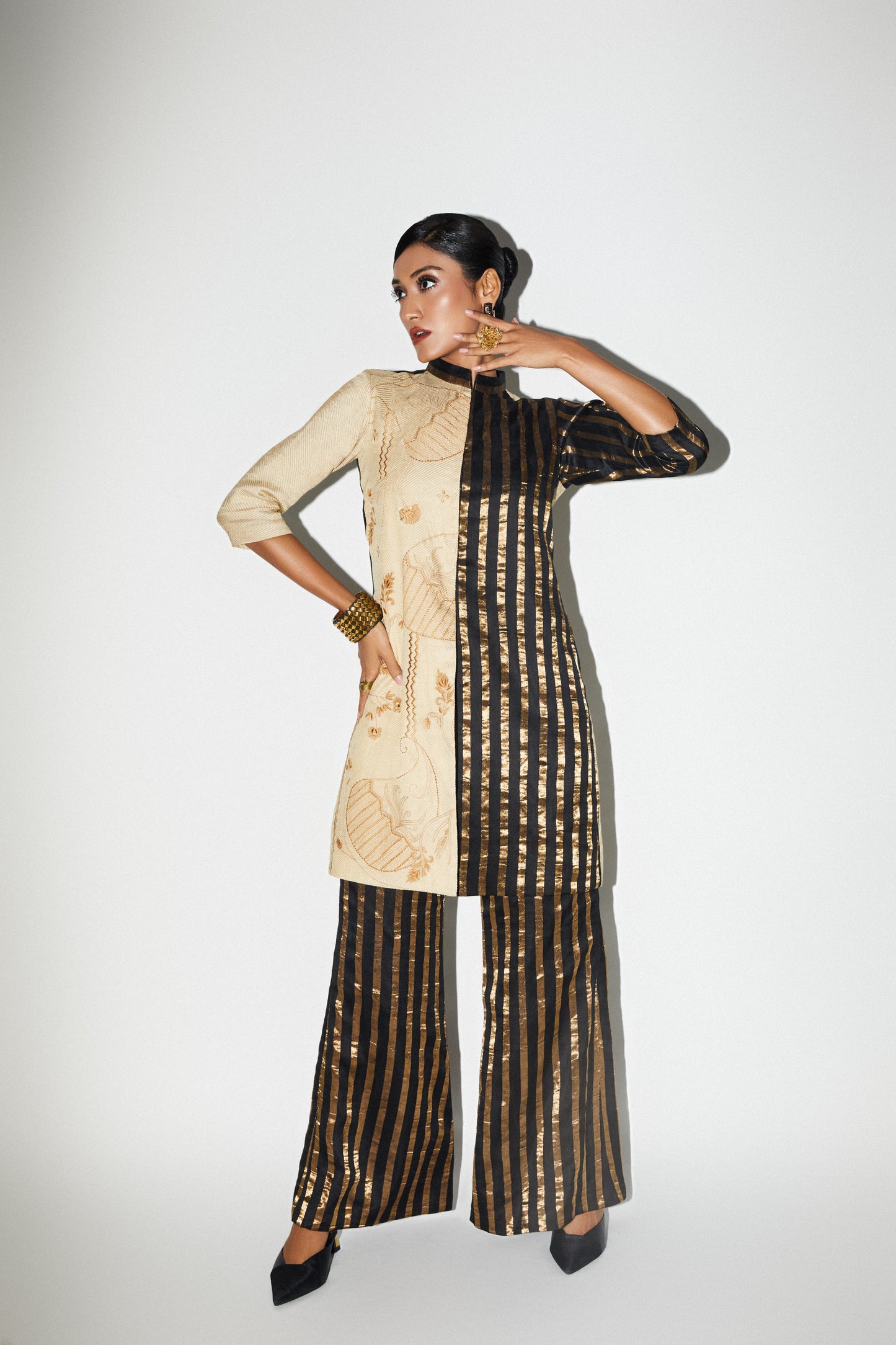 Black & Gold Embroidered Silk Long Jacket Pant Set