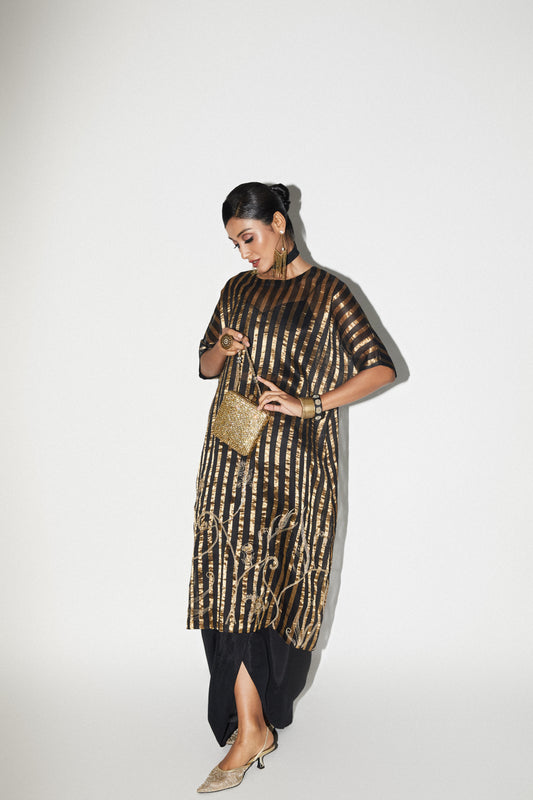 Black & Gold Long Embroidered Tunic Skirt Set