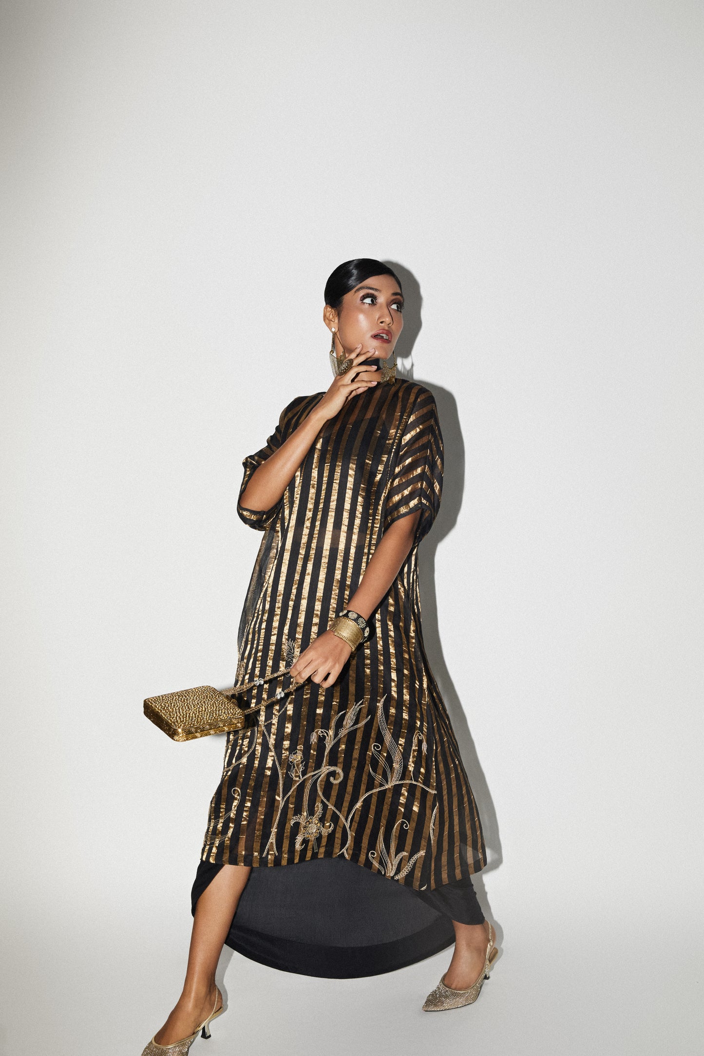 Black & Gold Long Embroidered Tunic Skirt Set
