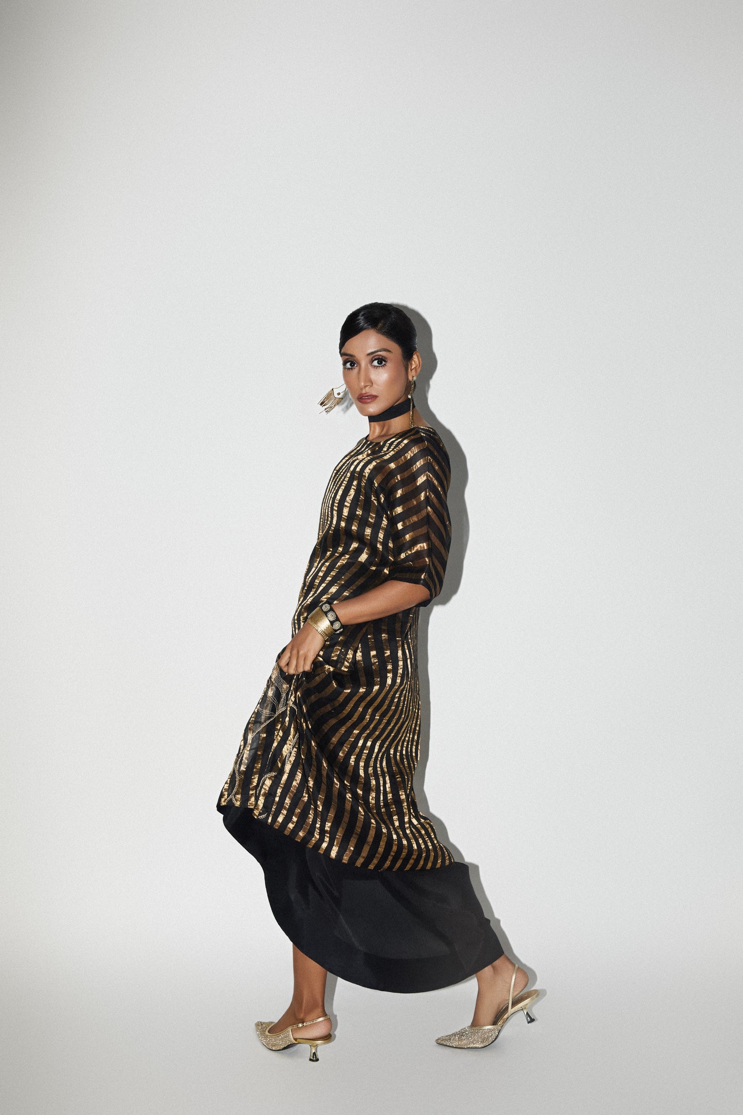 Black & Gold Long Embroidered Tunic Skirt Set
