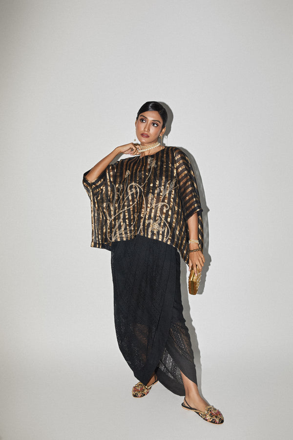 Black & Gold Embroidered Kaftan Top Skirt Set