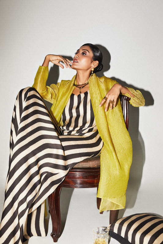 Black Satin Stripe Maxi & Lime Jacket Set