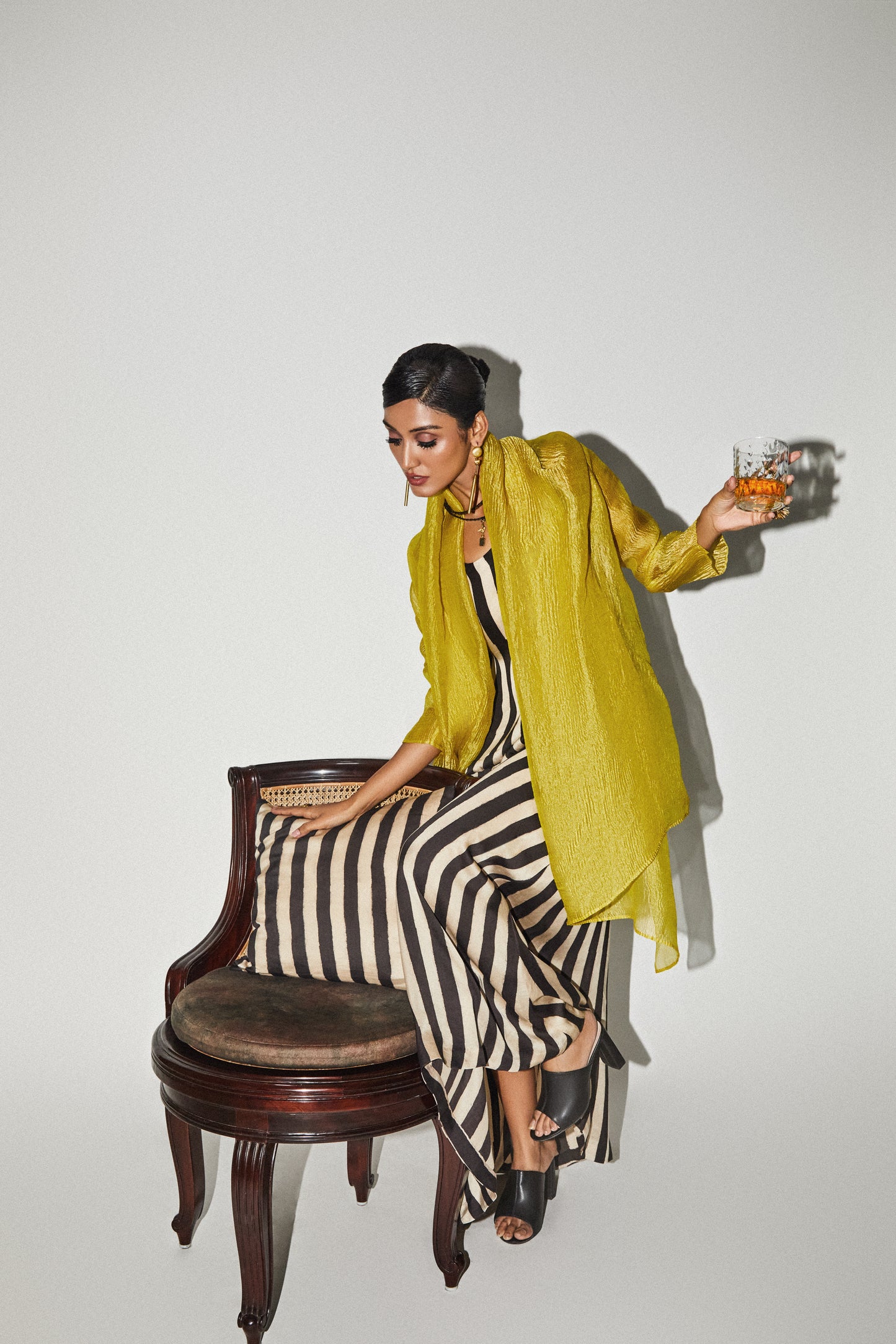 Black Satin Stripe Maxi & Lime Jacket Set
