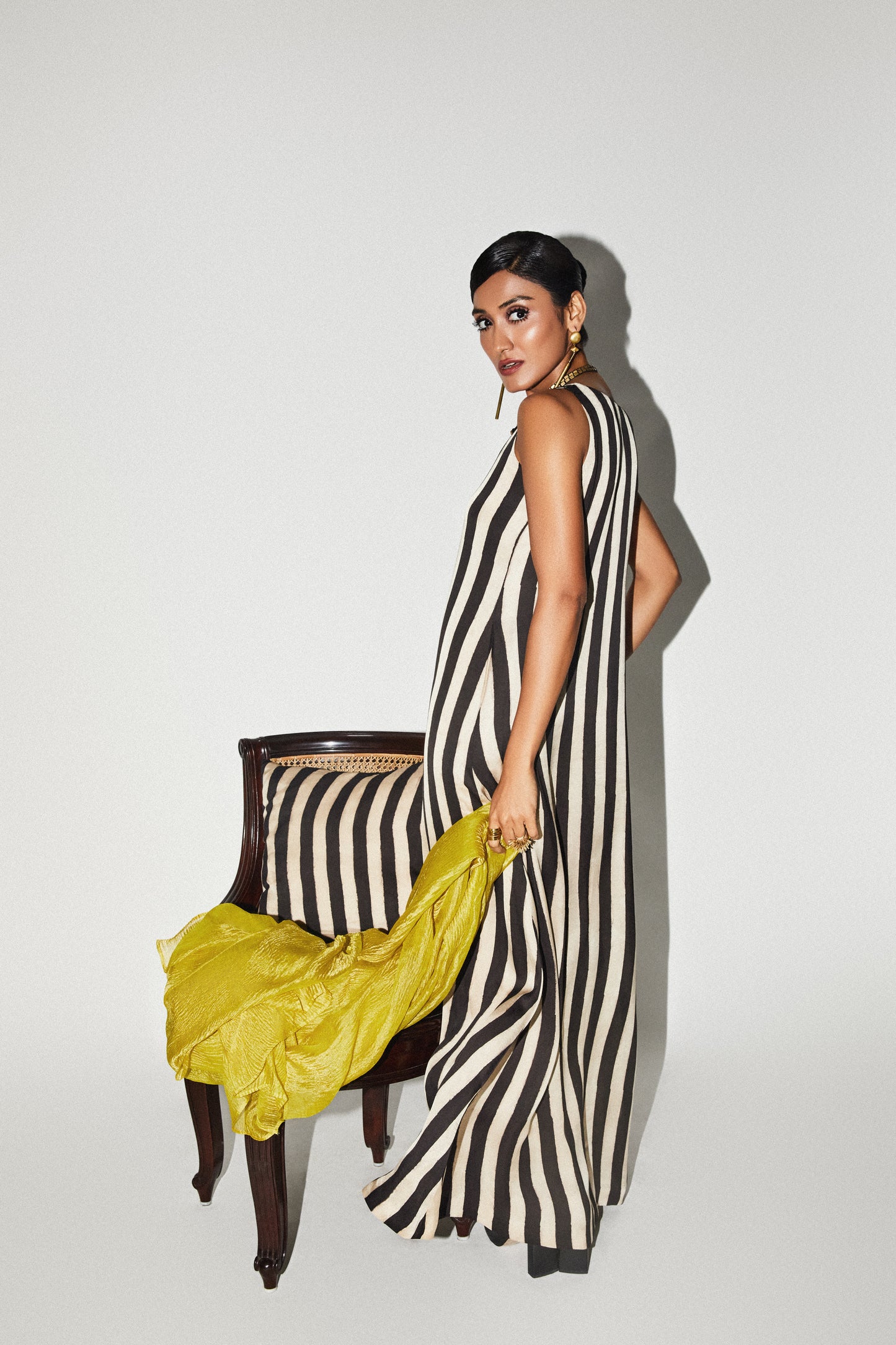 Black Satin Stripe Maxi & Lime Jacket Set