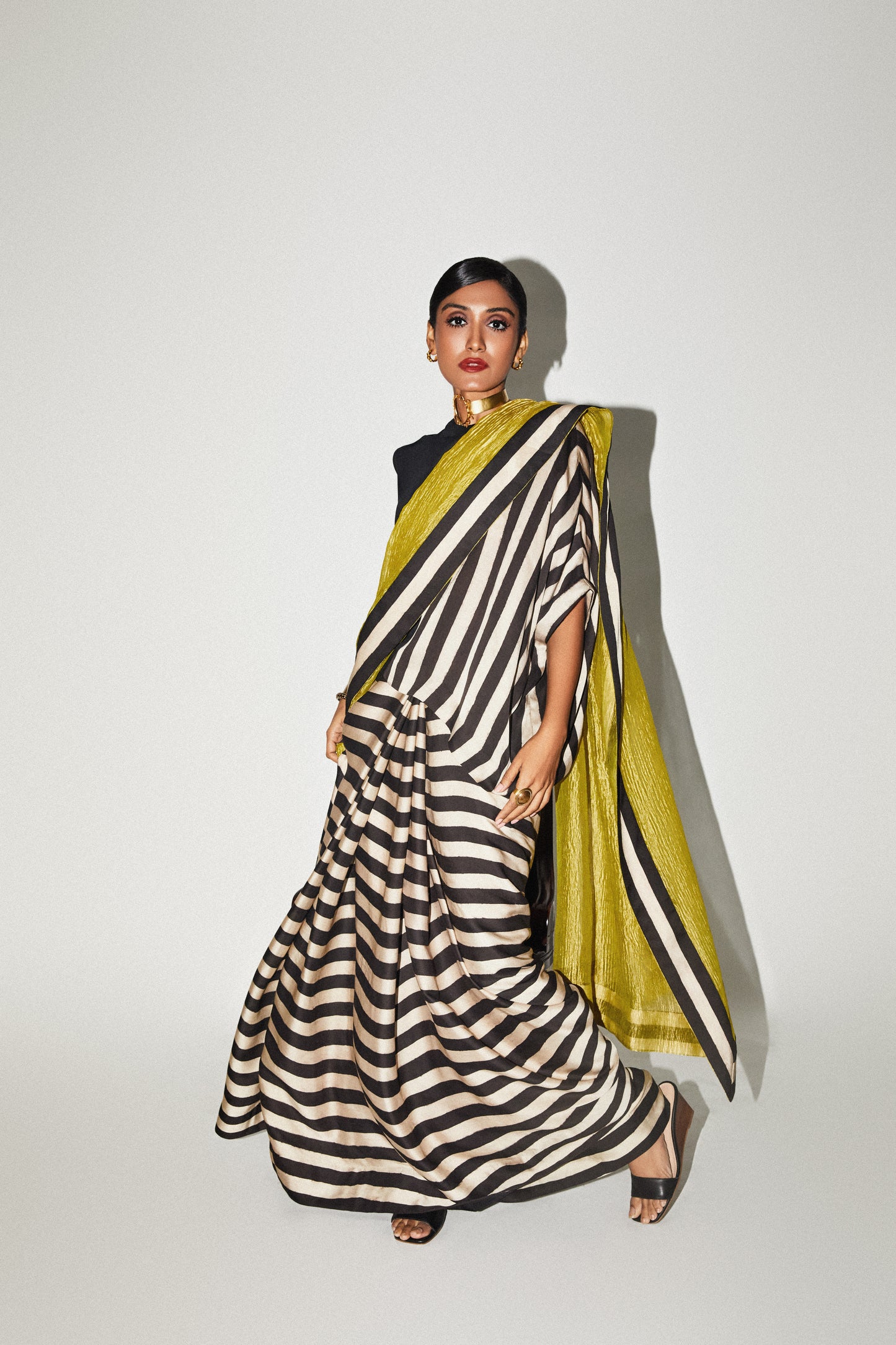 Lime Gold Stripe Tissue Saree