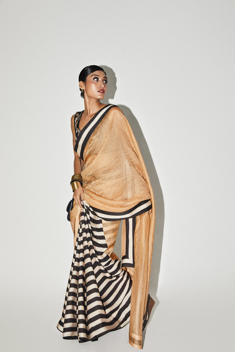 Orange Gold Stripe Tissue Saree