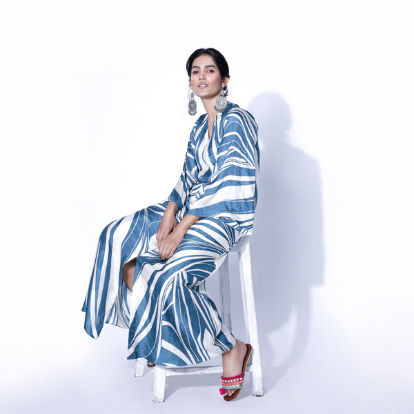 Hand Screen-Printed Long Dress With Flared Sleeves