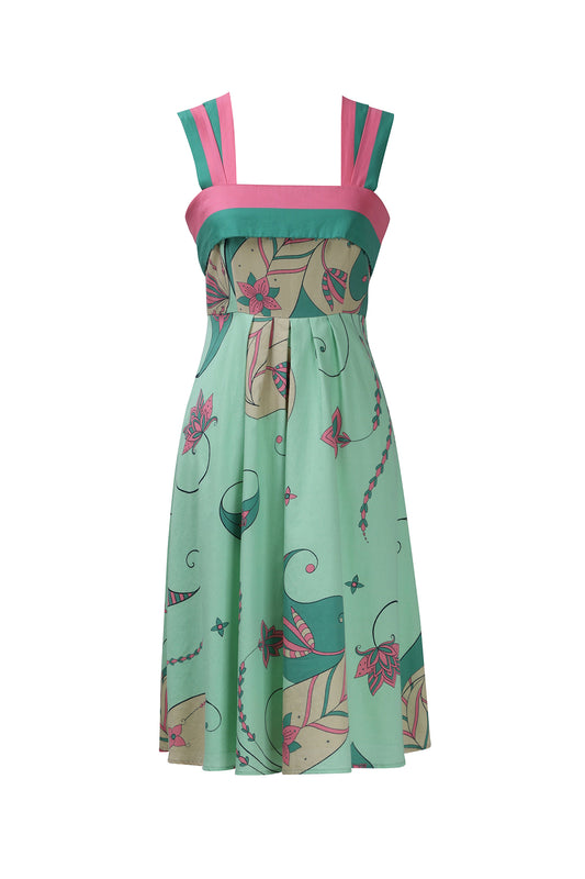 Mint Paisley Short Dress  with Back Tie-Up
