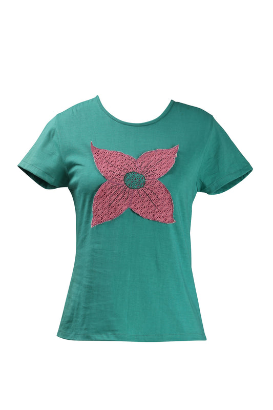 Green knit Floral applique tee shirt