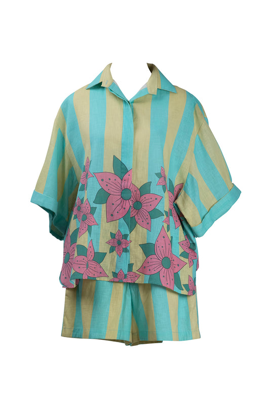 Yellow Blue Stripe Shirt and Short Set