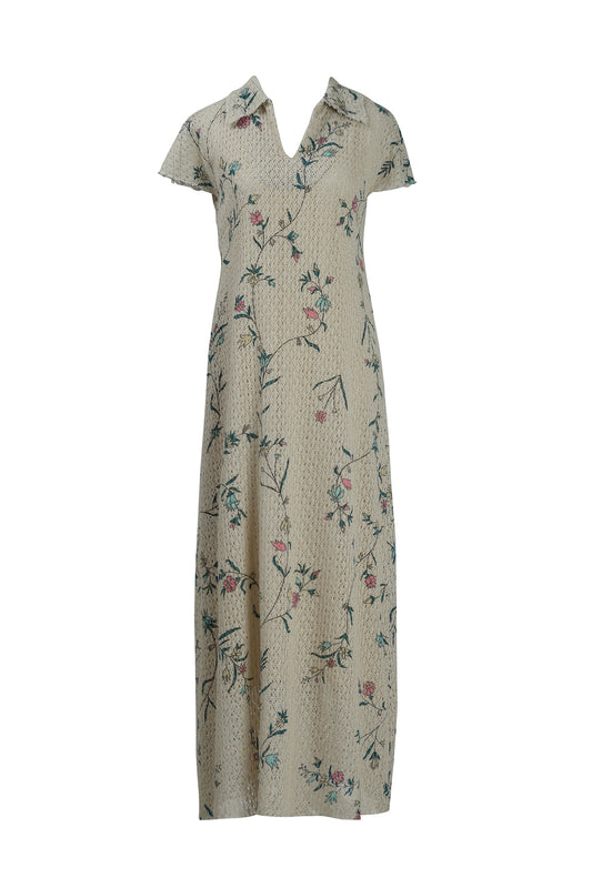 Beige Floral Cotton Net Collared Maxi