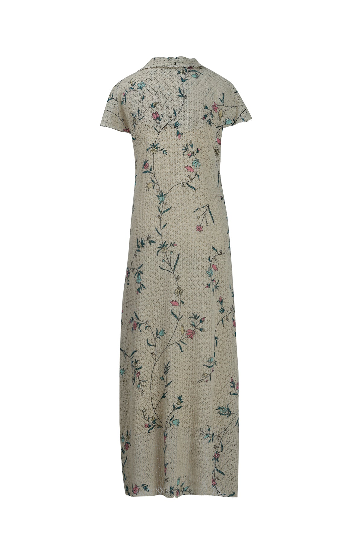Beige Floral Cotton Net Collared Maxi