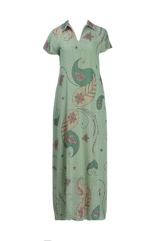 Mint green Cotton Net Collared Maxi
