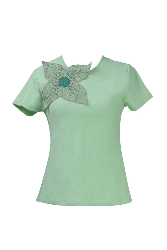 Mint knit Floral applique tee shirt