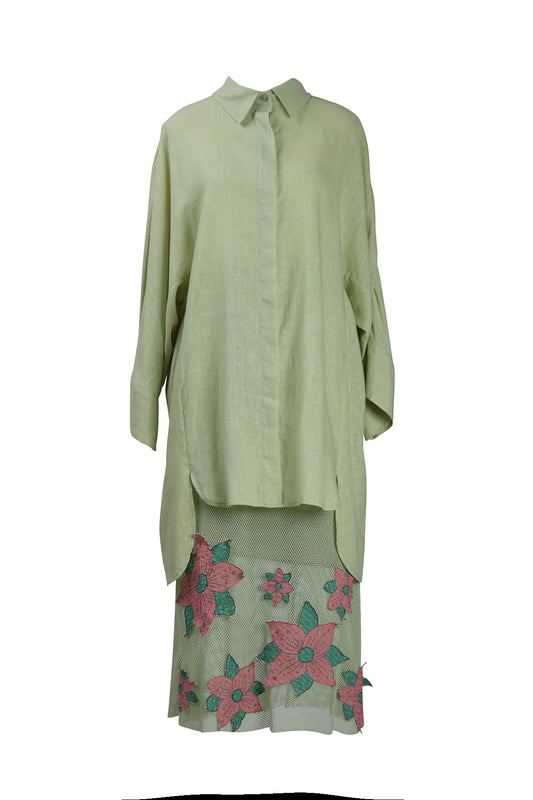 Mint Green Linen Shirt and Floral applique Skirt Set