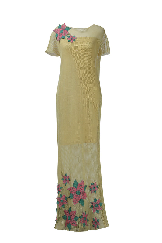 Yellow Cotton Net Applique Dress