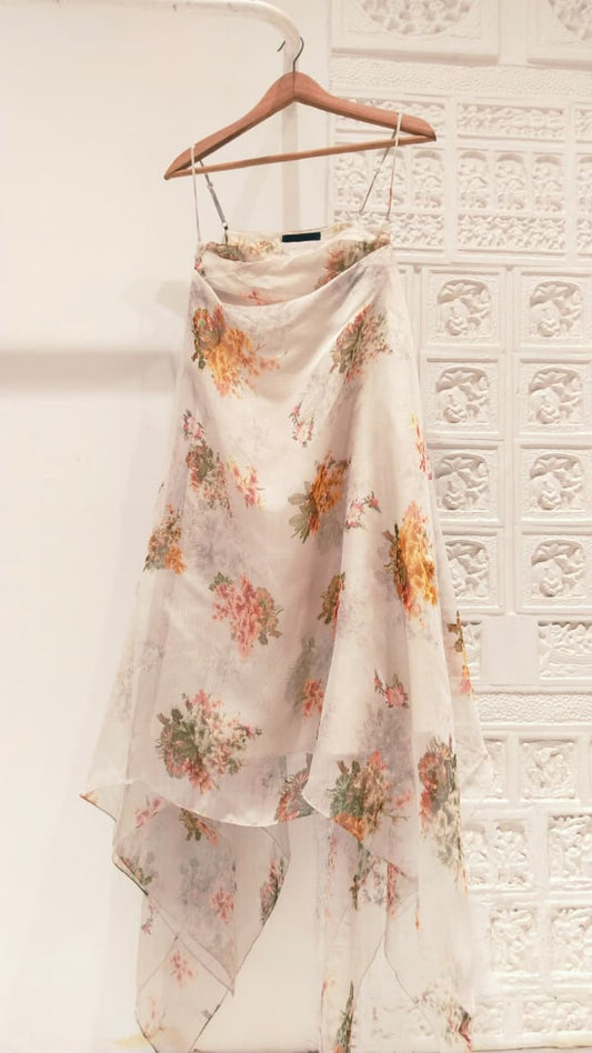 Grey Organza Silk Floral Print Dress
