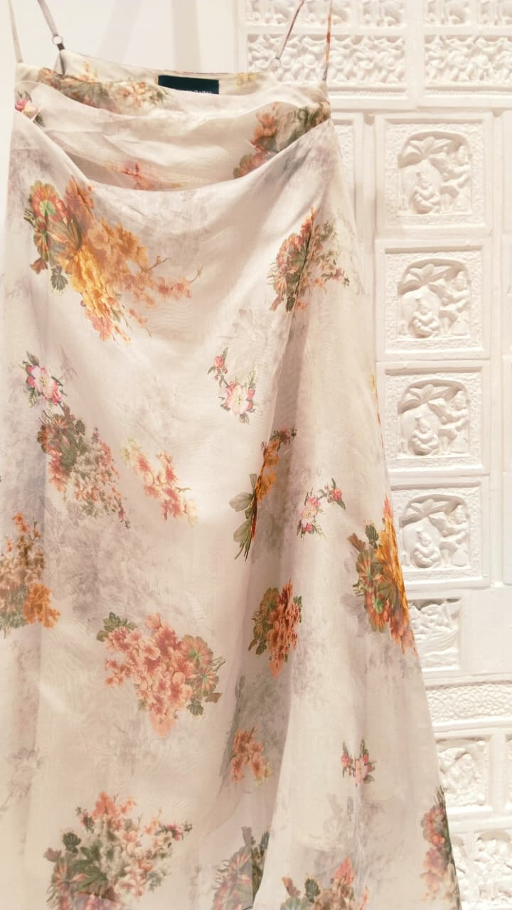 Grey Organza Silk Floral Print Dress