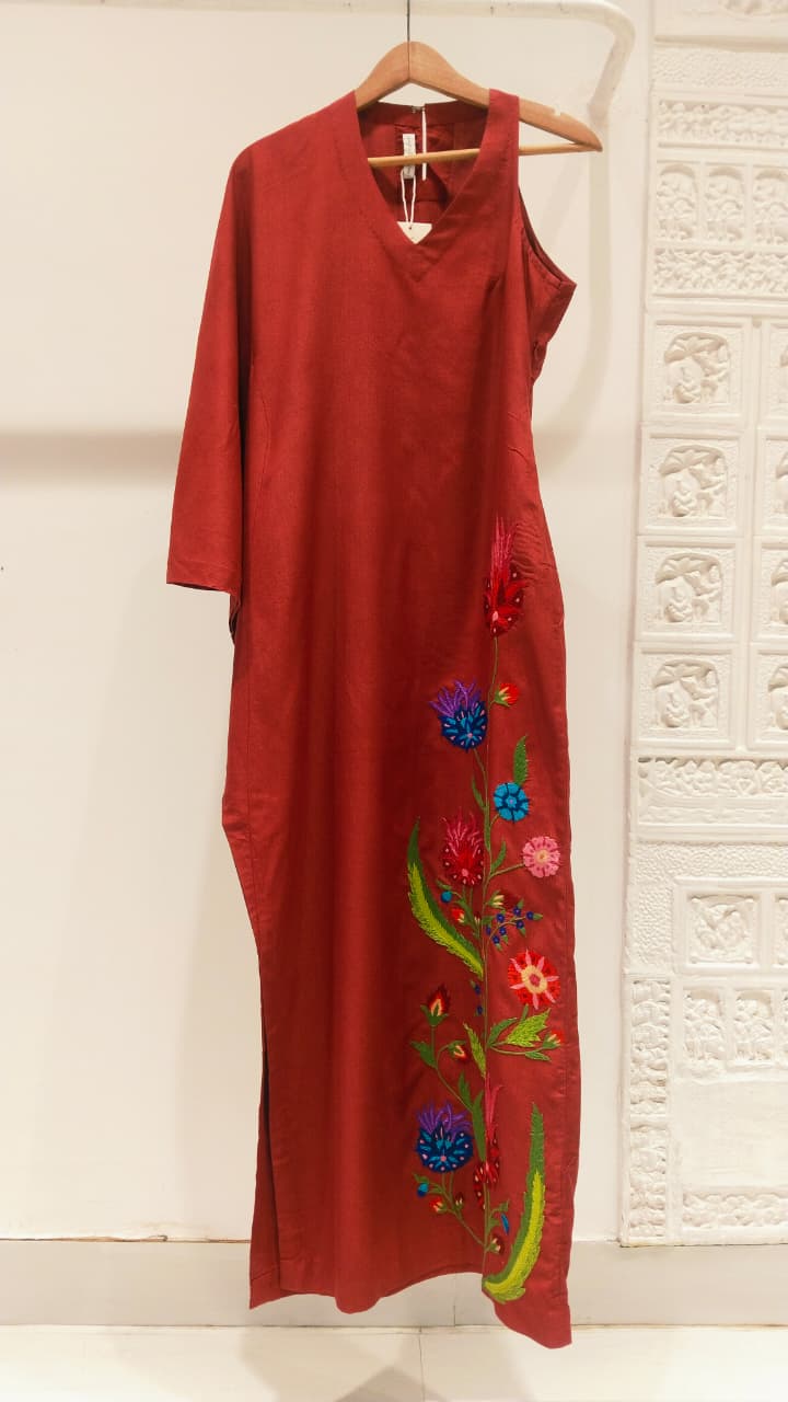 Red cotton Embroidered Kaftan Maxi