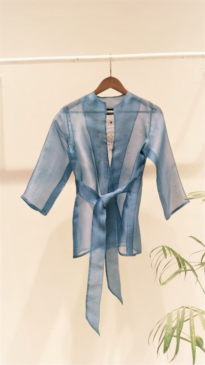 Blue Organza Embroidered Wrap Top