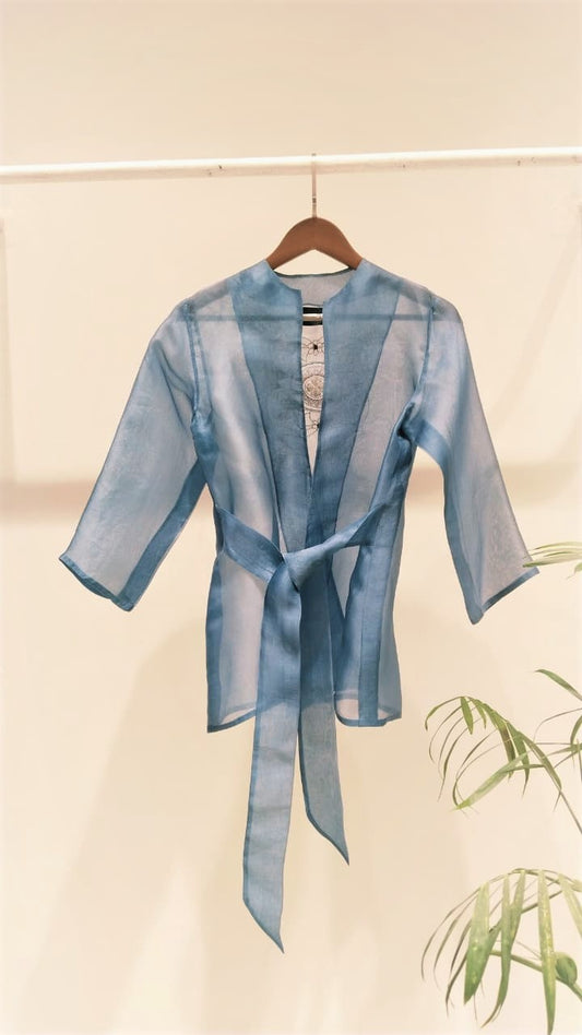 Blue Organza Embroidered Wrap Top
