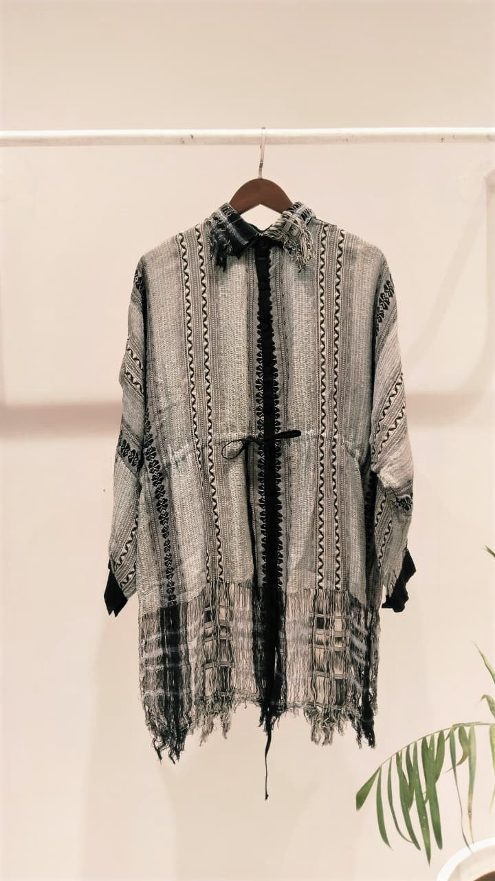 Blue Weave Fringe Drawstring Shirt Dress