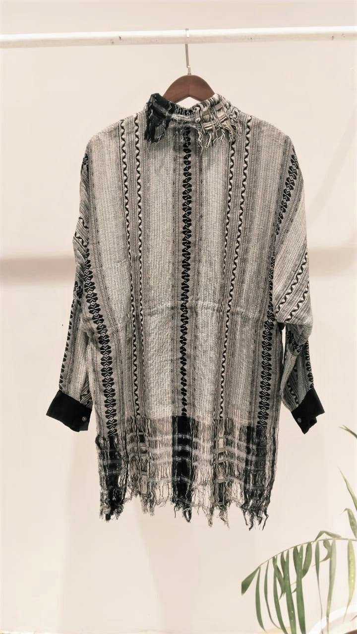 Blue Weave Fringe Drawstring Shirt Dress