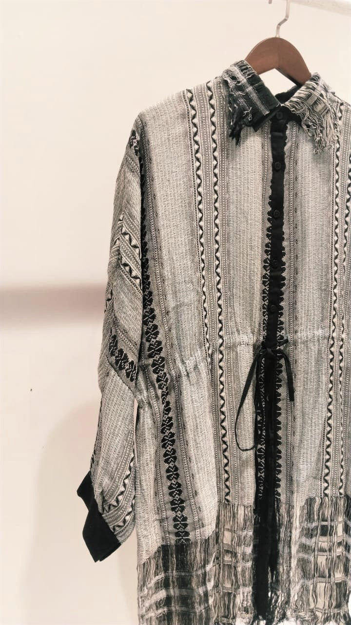 Blue Weave Fringe Drawstring Shirt Dress