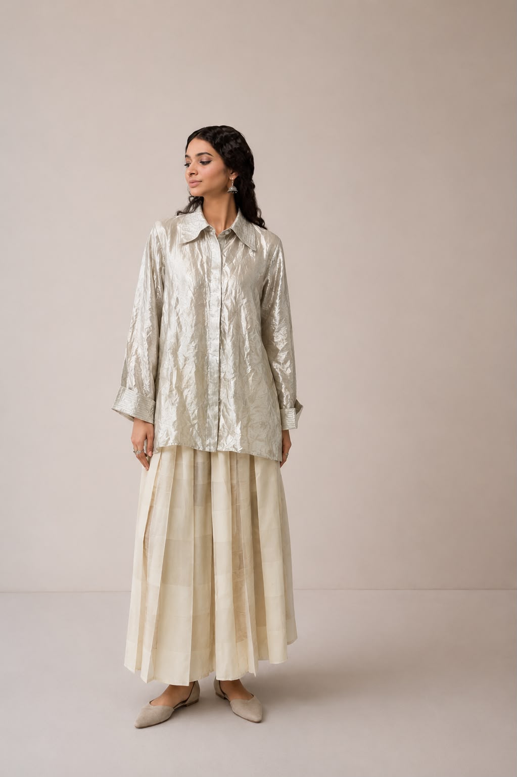 Silver Tissue Shirt & Ivory Skirt