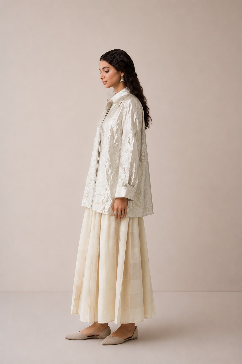 Silver Tissue Shirt & Ivory Skirt