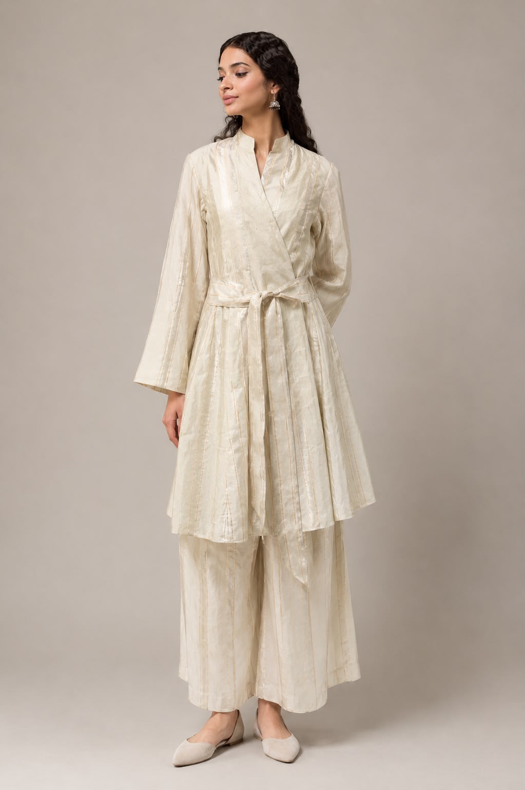 Ivory Panel Belted Wrap Dress & Pants