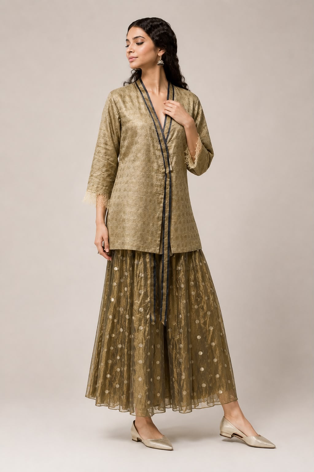 Beige Gold Checks Blazer & Skirt