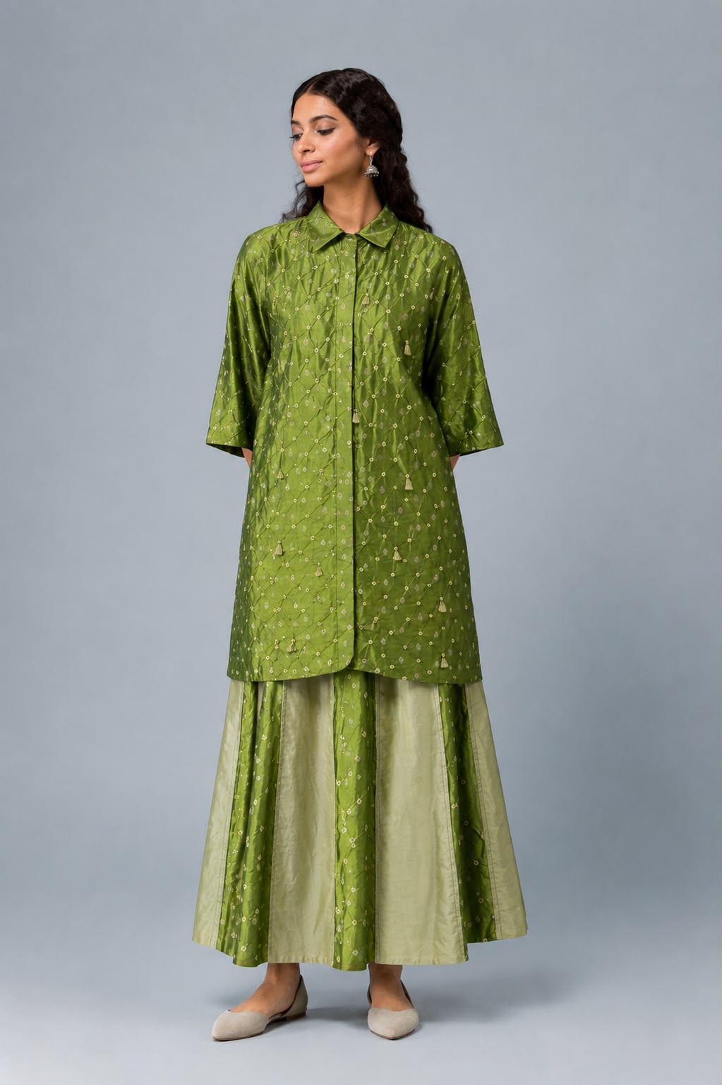 Green Bandhani Benarasi Shirt & Skirt