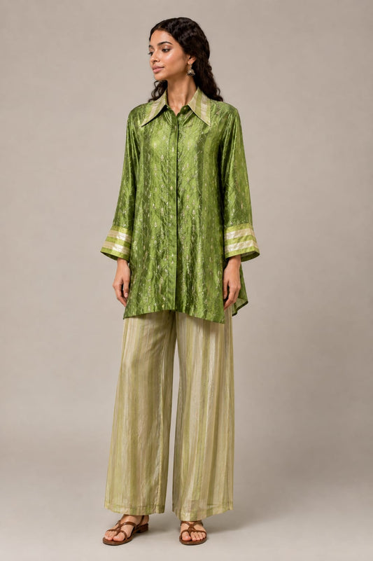 Green Bandhani Silk Benarasi Panel Shirt & Pants
