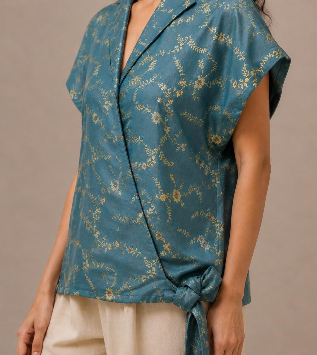 Teal Blue Floral Wrap Top & Dhoti Pants