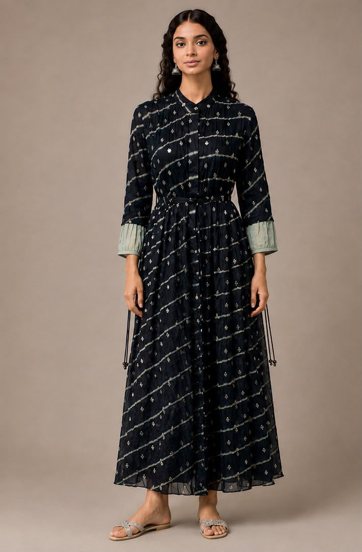 Black Benarasi & Shibori Drawstring Dress