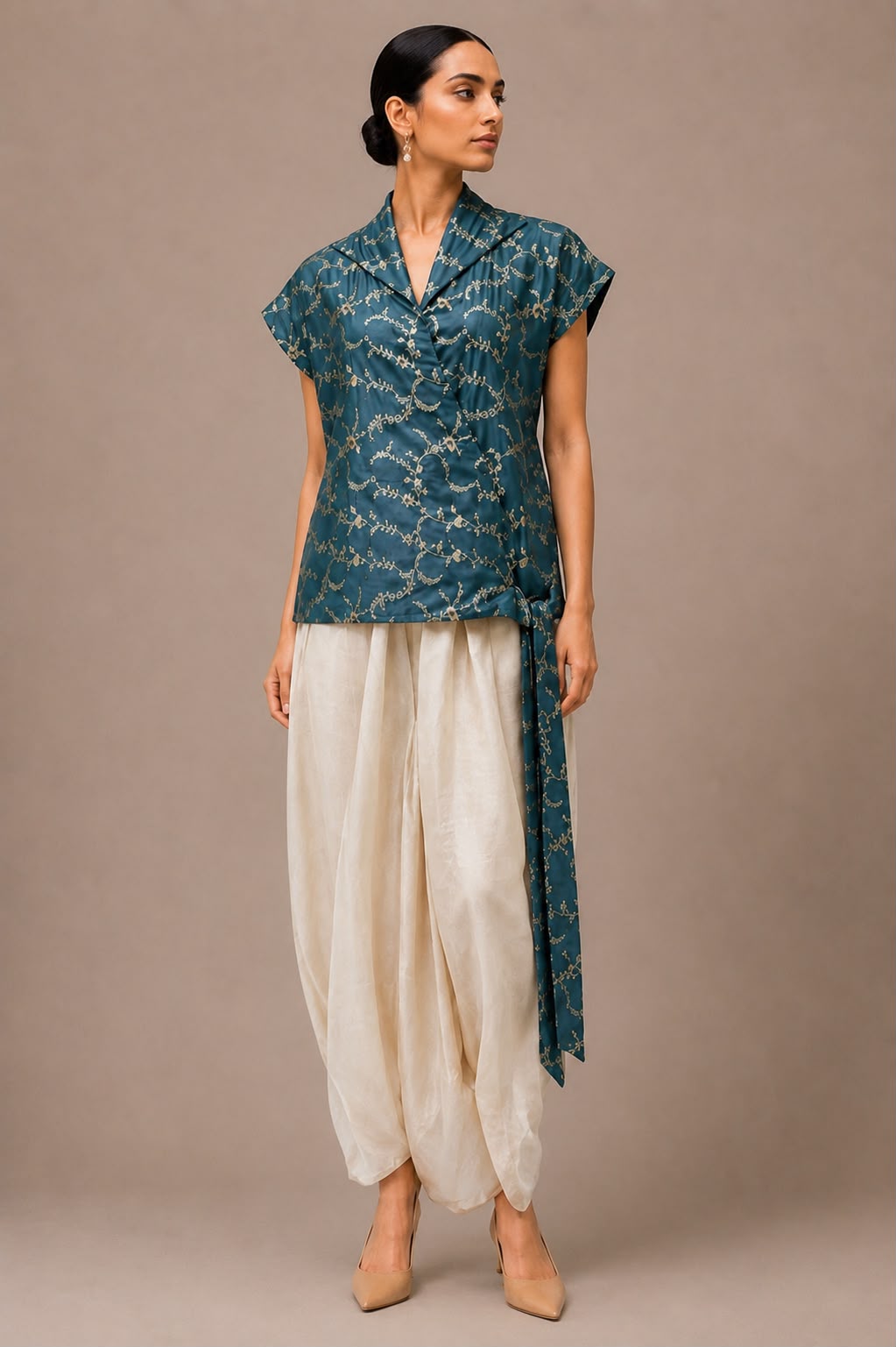 Teal Blue Floral Wrap Top & Dhoti Pants