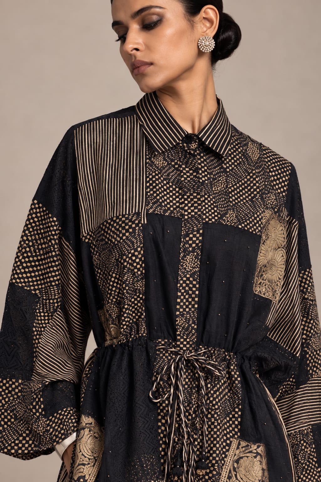 Black Ajrakh and Brocade Patch Shirt
