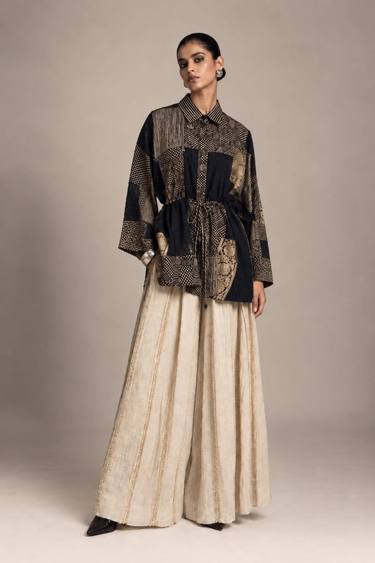 Black Ajrakh and Brocade Patch Shirt