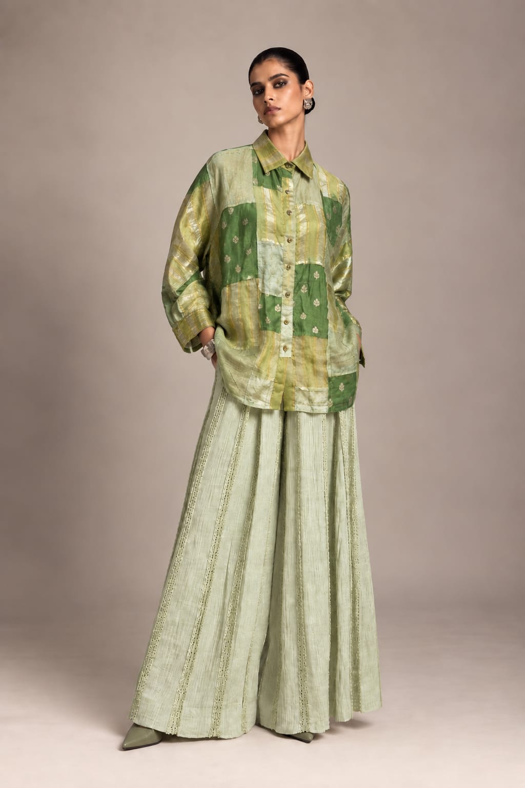 Green Brocade and Tissue Patch Shirt