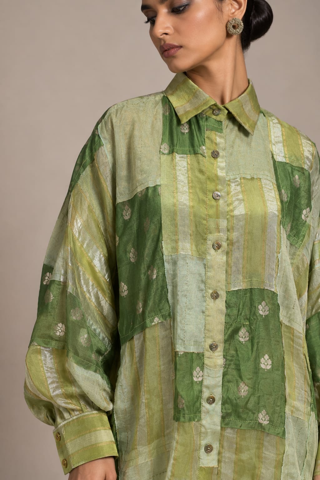 Green Brocade and Tissue Patch Shirt
