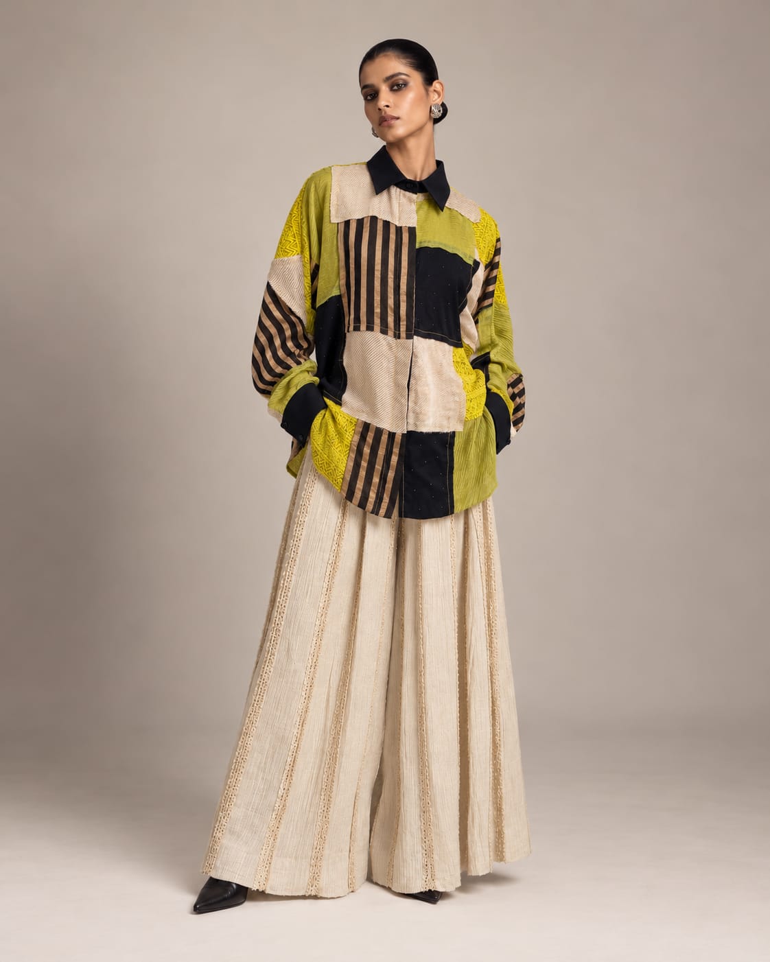 Black Lime Tissue Silk and Lace Patch Shirt