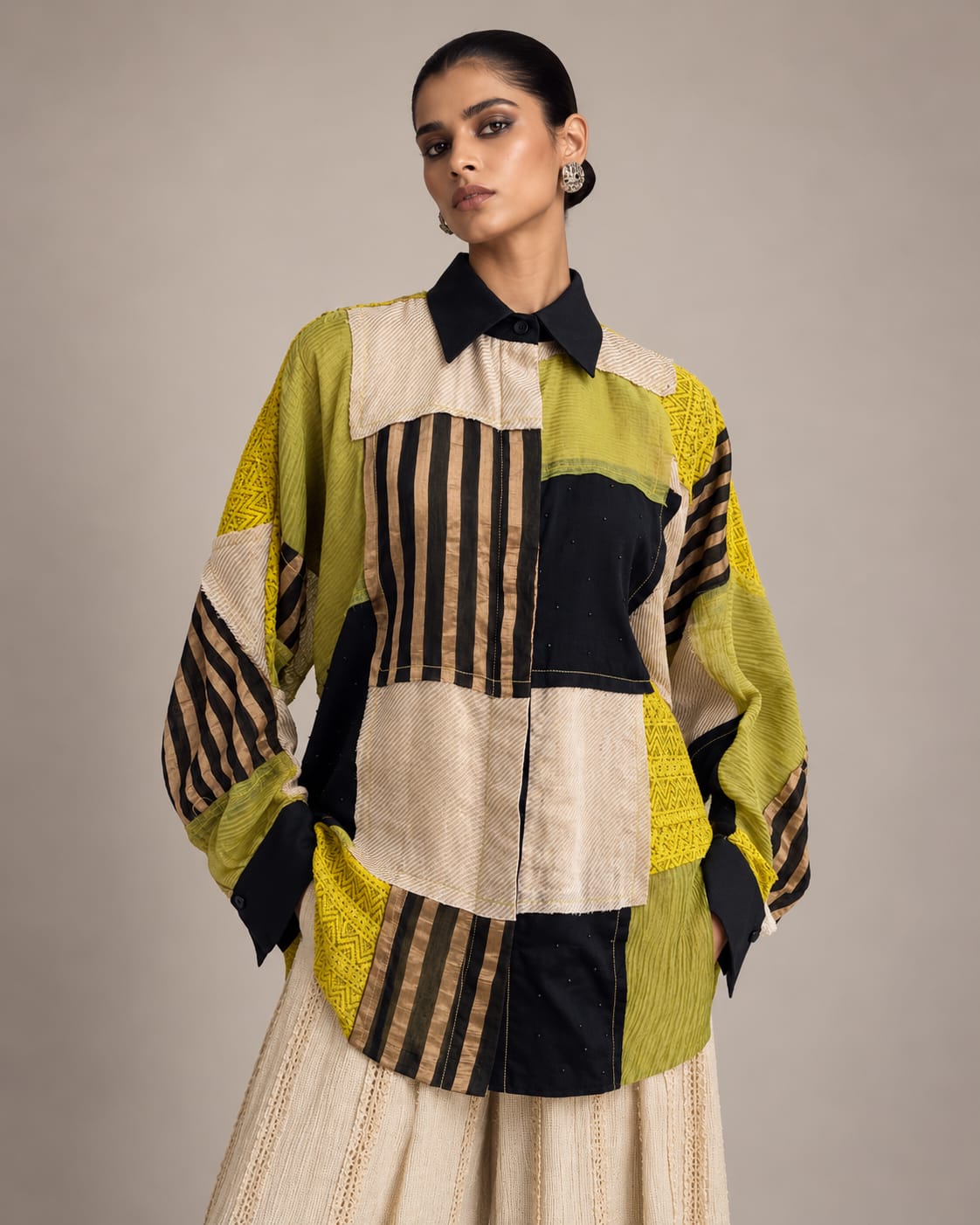 Black Lime Tissue Silk and Lace Patch Shirt