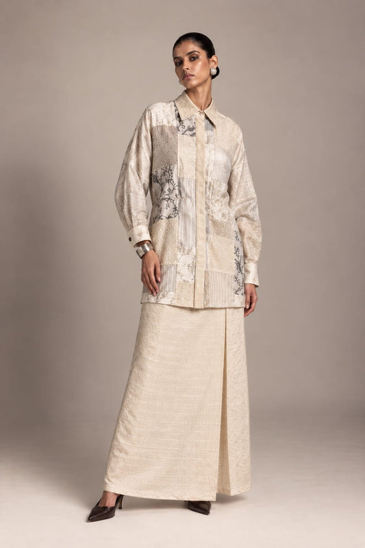 Silver Organza Patch Shirt and Skirt Set