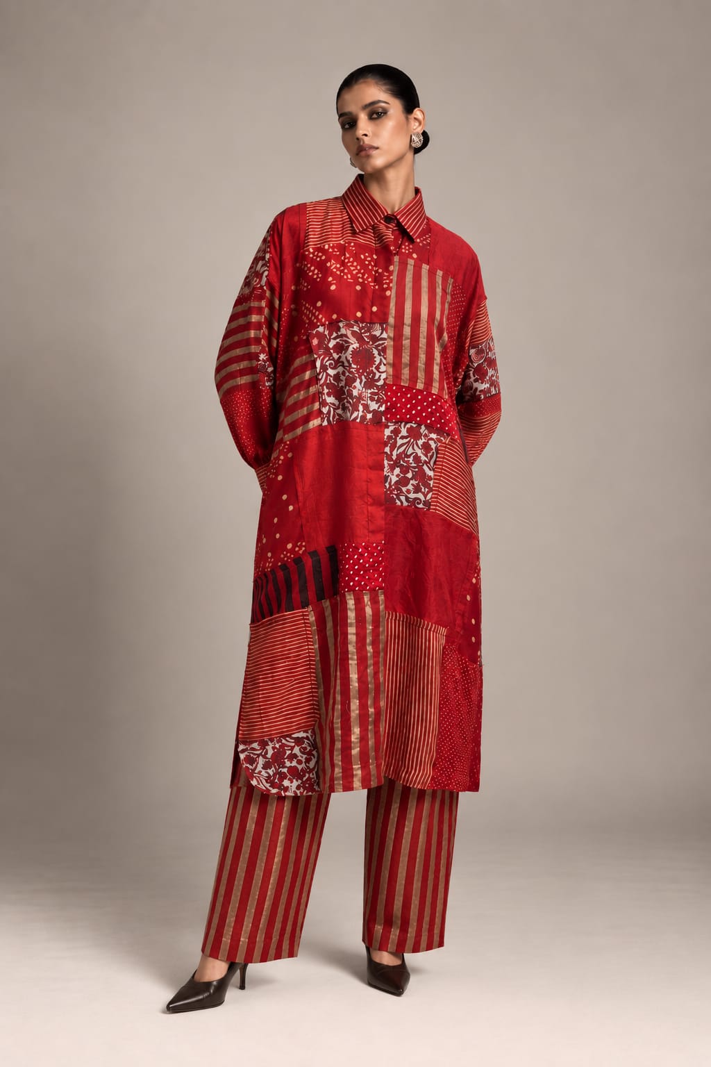 Red Patch Shirt Dress with Red Organza Stripe Pants
