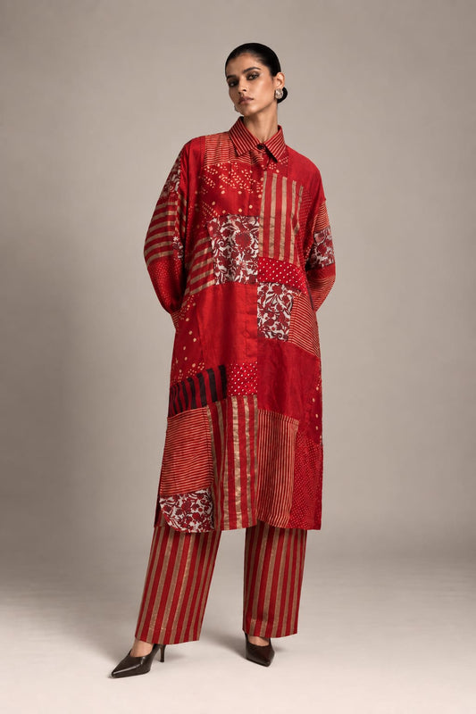 Red Patch Shirt Dress with Red Organza Stripe Pants
