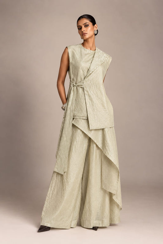 Ivory One Collared Benarasi Wrap Top and Pants